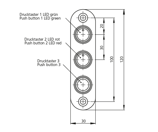 Technical Drawing of TG1 Switch Housing with Three Push Buttons Technical drawing showing front view of a TG1 switch housing with three push buttons vertically aligned, labeled with green and red LEDs, and measurements in millimeters.