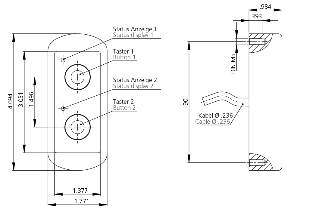 Technische Zeichnung des Tastergehäuses TG7 Technische Zeichnung des Tastergehäuses TG7 mit Maßangaben und Beschriftungen der einzelnen Funktionskomponenten wie Taster 1, Taster 2, Statusanzeige 1 und 2, sowie Seitenansicht mit Kabeldurchmesser und Befestigungsbohrungen