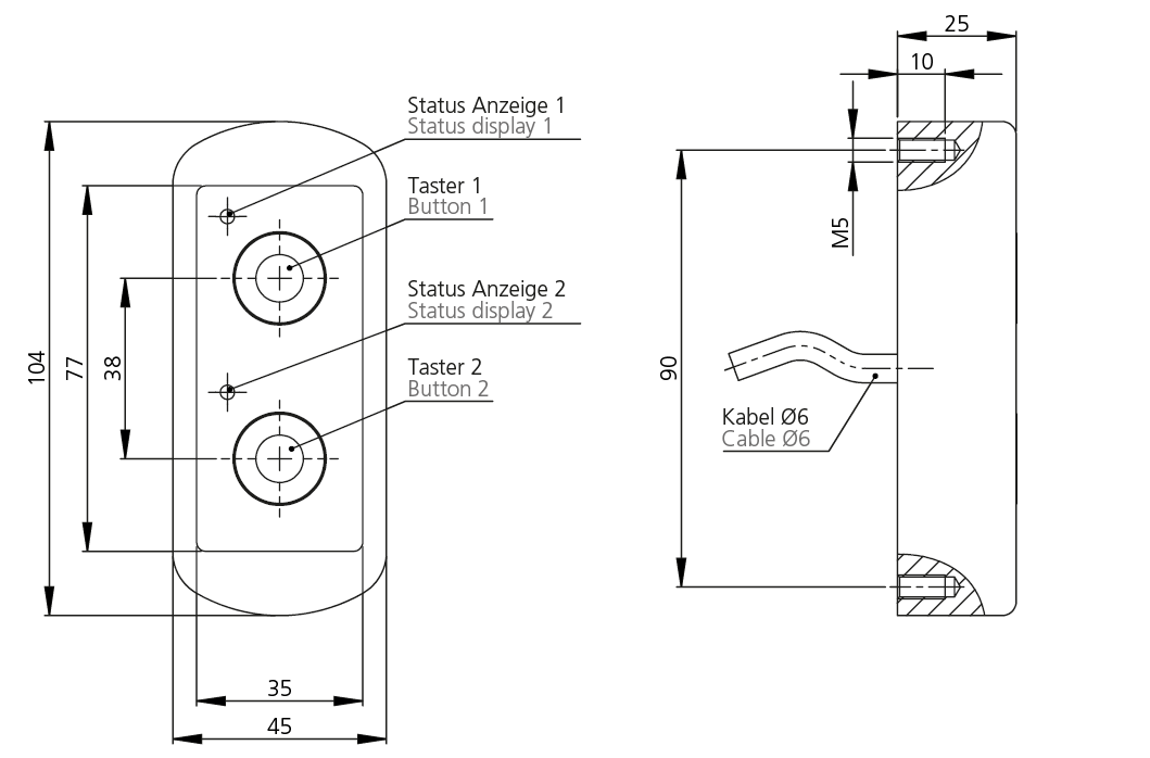 Technische Zeichnung Tastergehäuse TG7 Technische Zeichnung eines rechteckigen Tastergehäuses TG7 mit zwei beleuchteten Tastern, zwei Statusanzeigen und Kabeldurchführung, mit Beschriftung der Maße und Elemente.