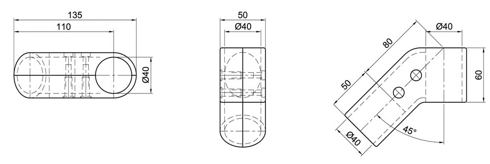 Diagram for Łącznik teownikowy 45° / 135°, 2-osłonowy